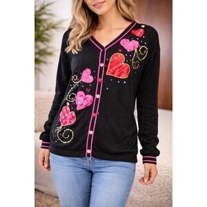Vintage Style Heart Sequin Cardigan Black Pink Red V-Neck Button Front Sweater